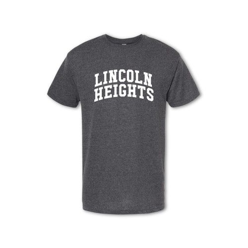 A gray t-shirt with 'LINCOLN HEIGHTS' written in bold letters across the chest.