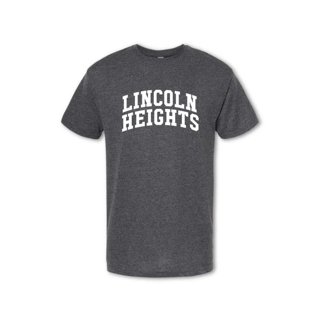 A gray t-shirt with 'LINCOLN HEIGHTS' written in bold letters across the chest.