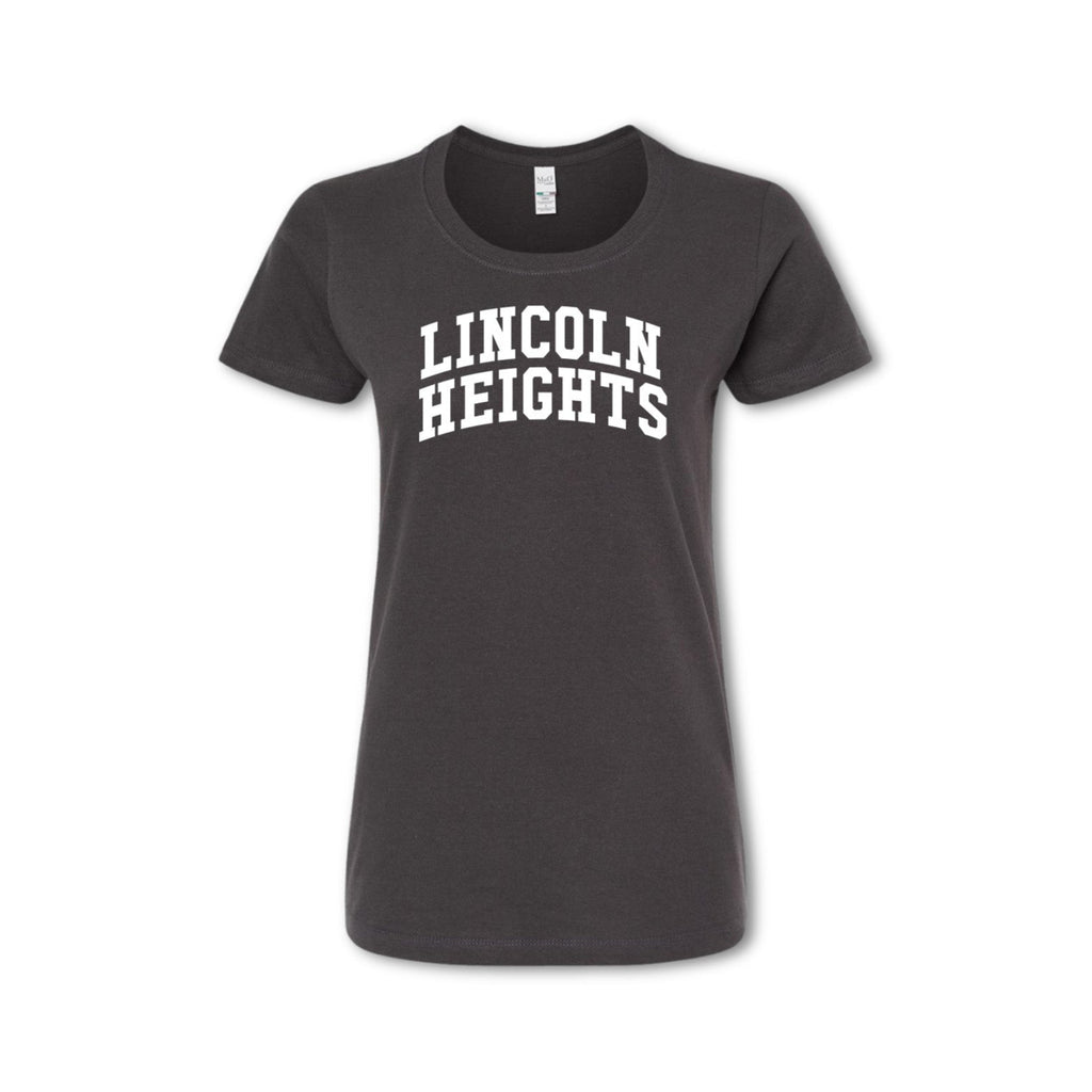 A gray t-shirt with 'LINCOLN HEIGHTS' written in bold letters across the chest.