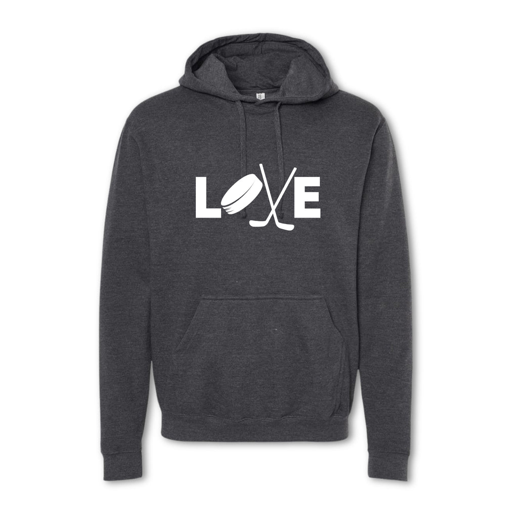 Dark gray hoodie with 'LOVE' graphic on a white background