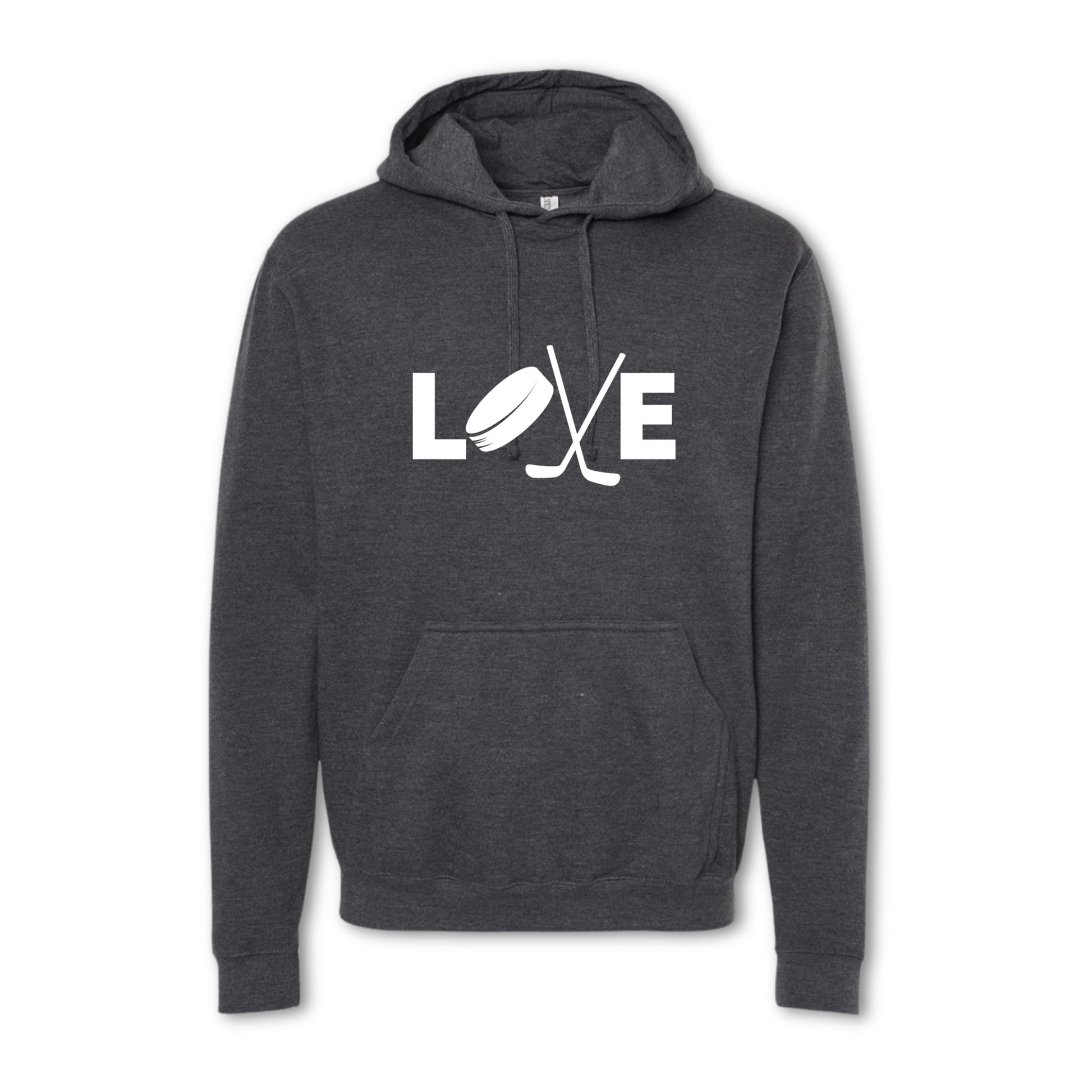 Dark gray hoodie with 'LOVE' graphic on a white background