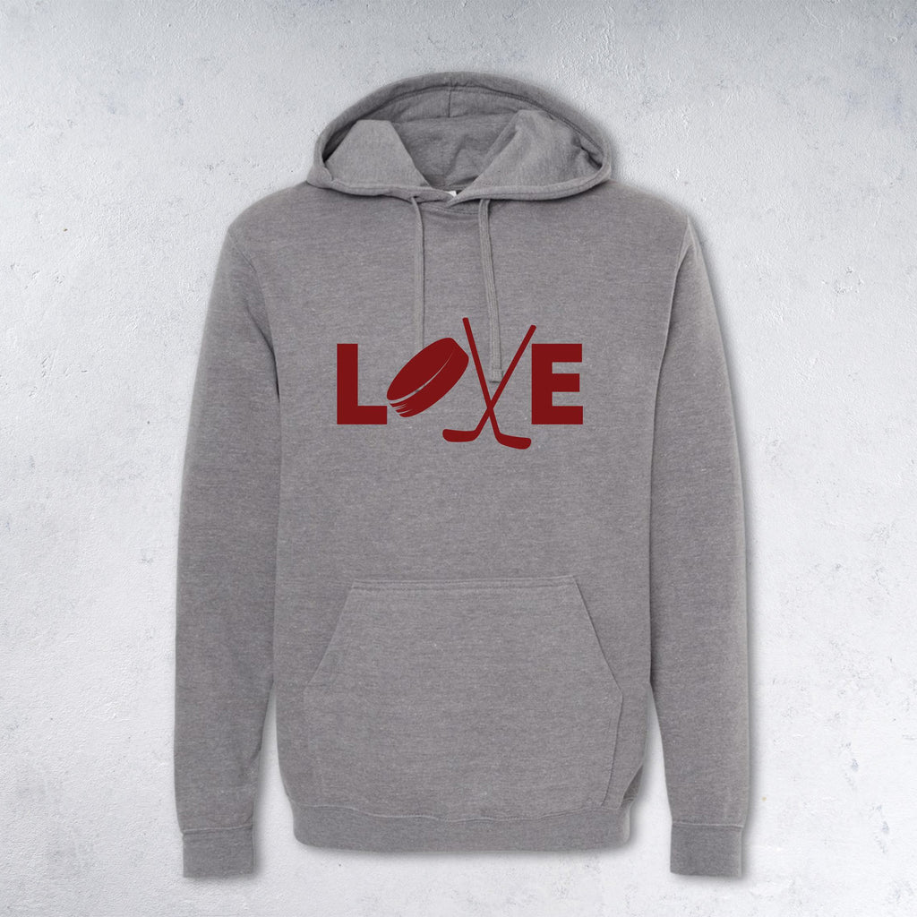Gray hoodie with red 'LOVE' graphic on a light gray background