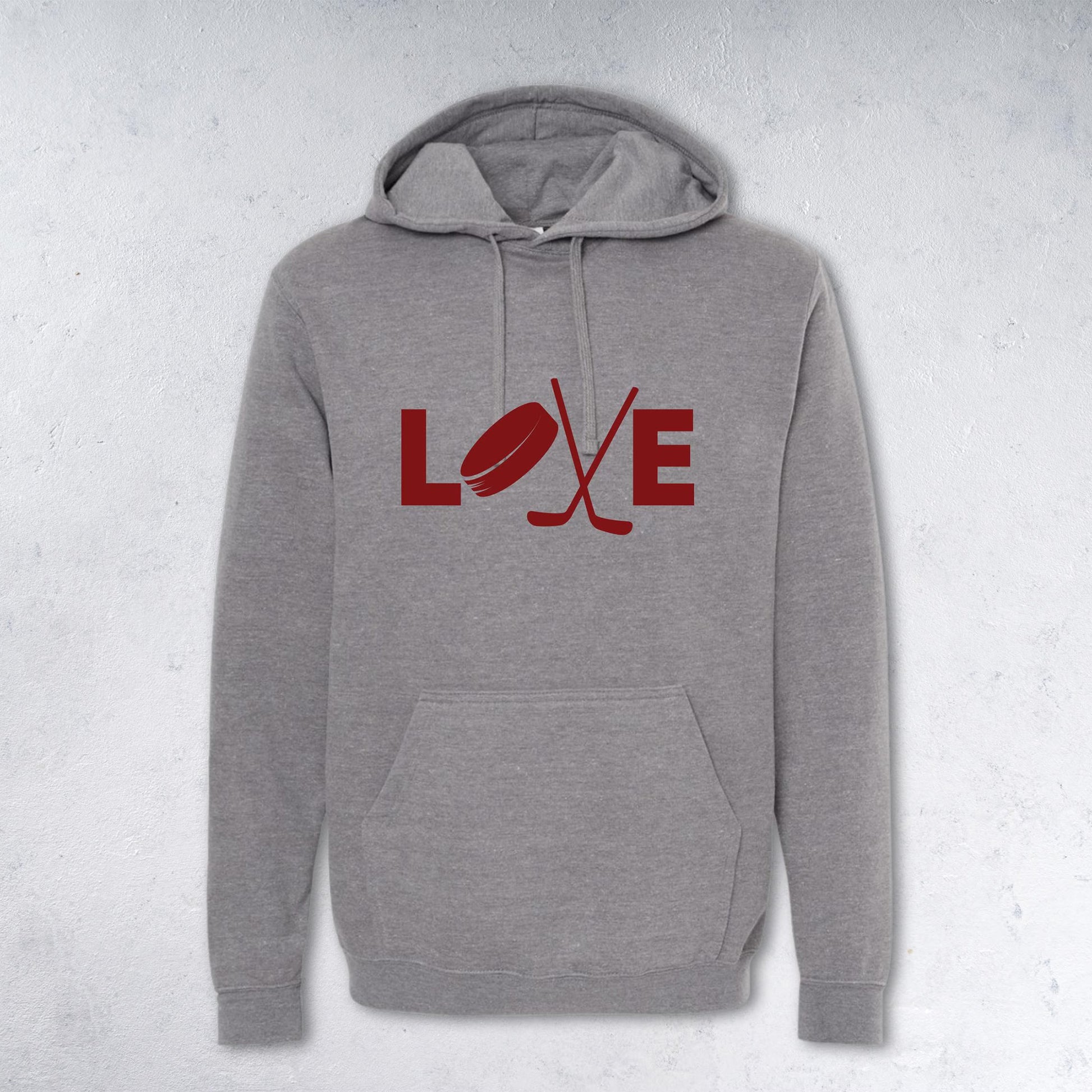 Gray hoodie with red 'LOVE' graphic on a light gray background