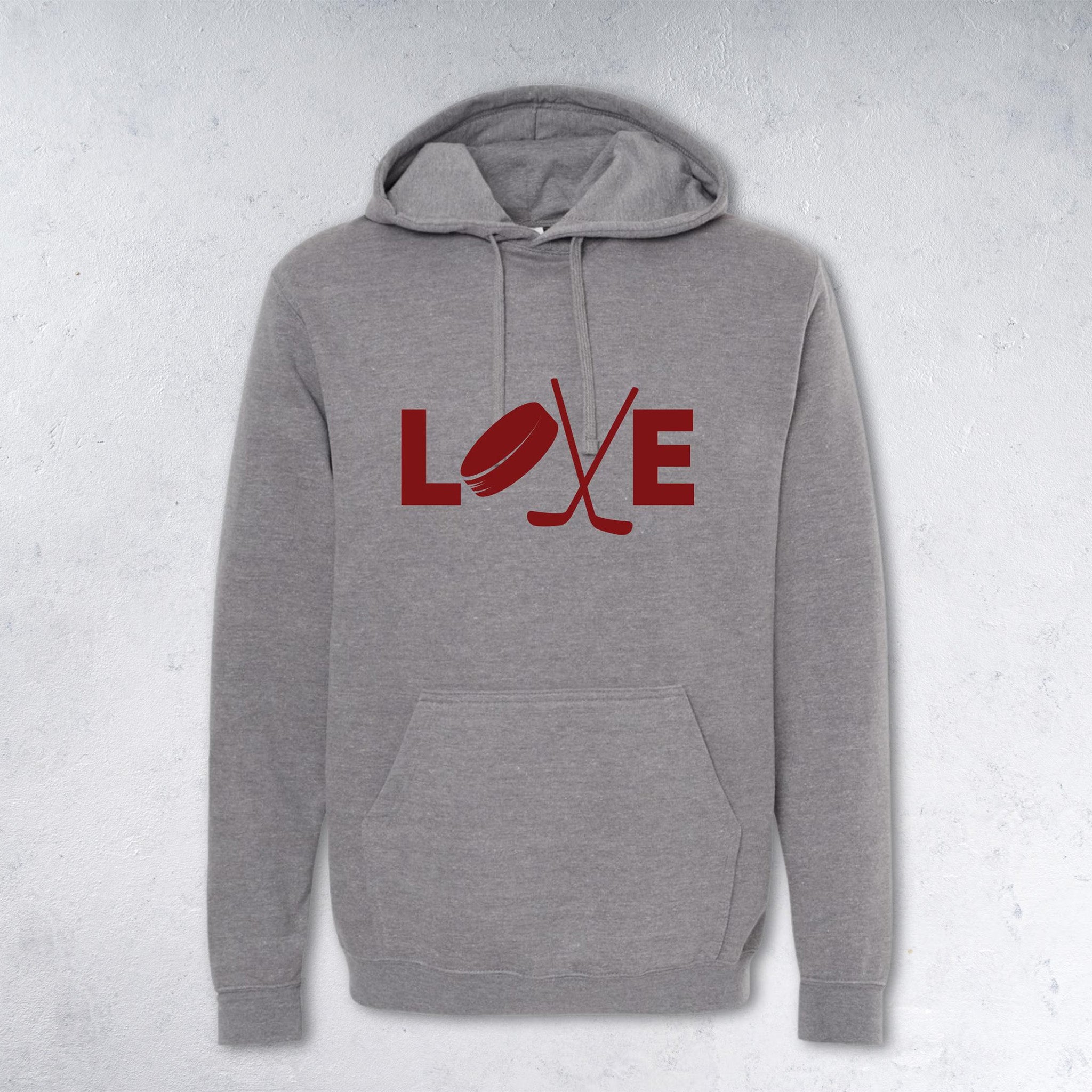 Gray hoodie with red 'LOVE' graphic on a light gray background
