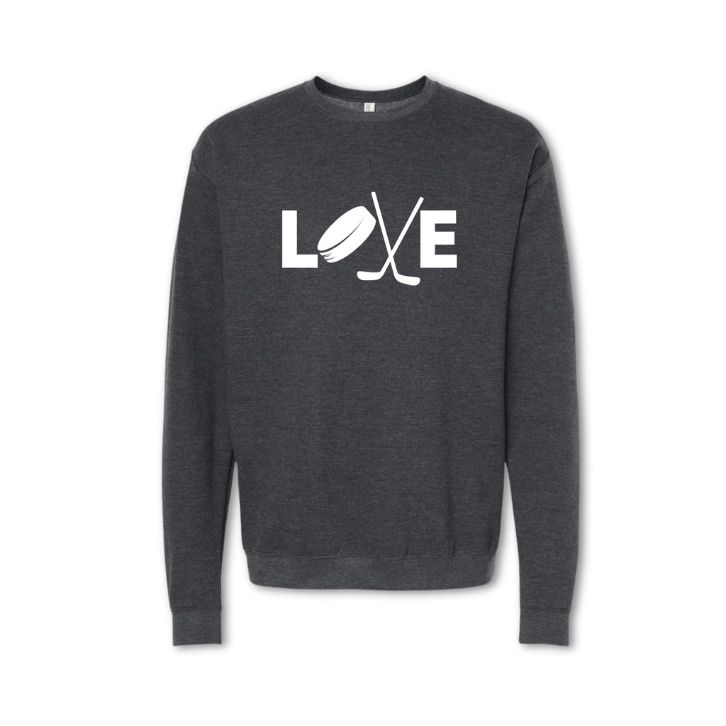Dark gray sweatshirt with 'LOVE' graphic featuring a hockey puck and stick on a white background