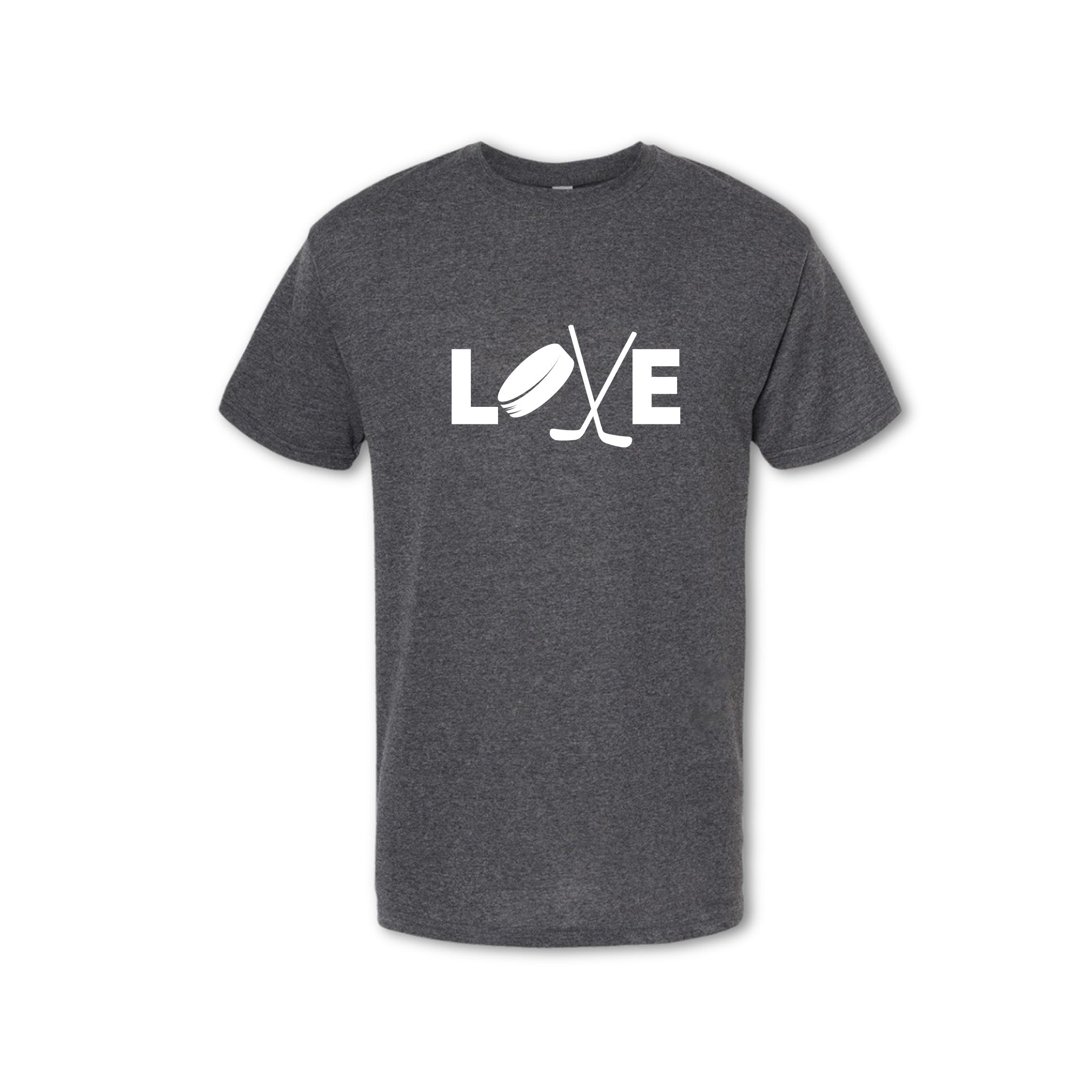 Gray t-shirt with 'LOVE' graphic design featuring hockey elements on a white background