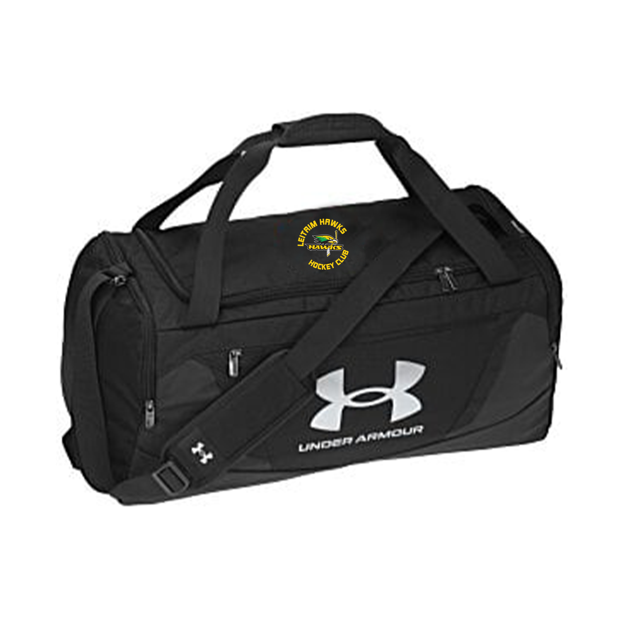 Black duffel bag with Under Armour logo and leitrim hawks hockey club on a white background