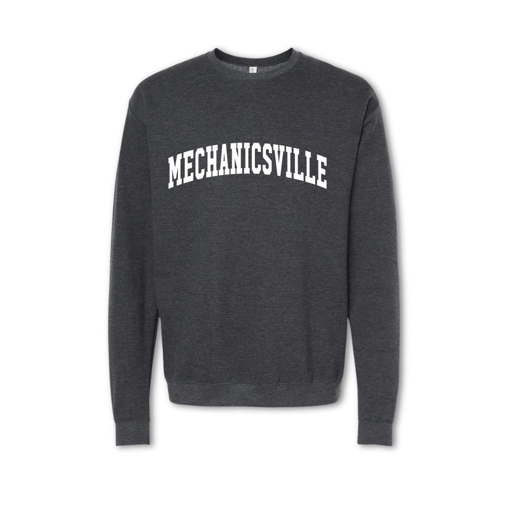 A gray crewneck sweatshirt with 'MECHANICSVILLE' printed in white on the front.