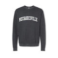 A gray crewneck sweatshirt with 'MECHANICSVILLE' printed in white on the front.