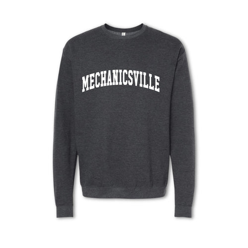 A gray crewneck sweatshirt with 'MECHANICSVILLE' printed in white on the front.