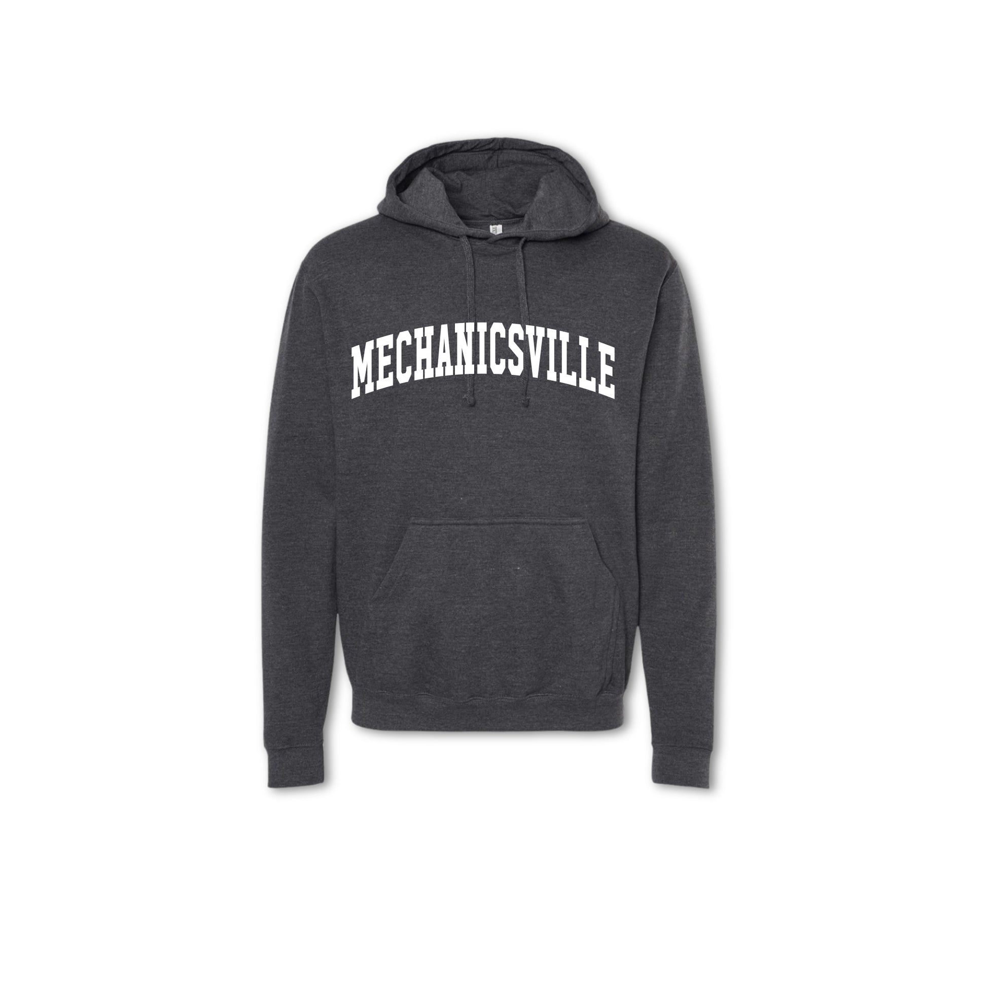 A gray crewneck sweatshirt with 'MECHANICSVILLE' printed in white on the front.
