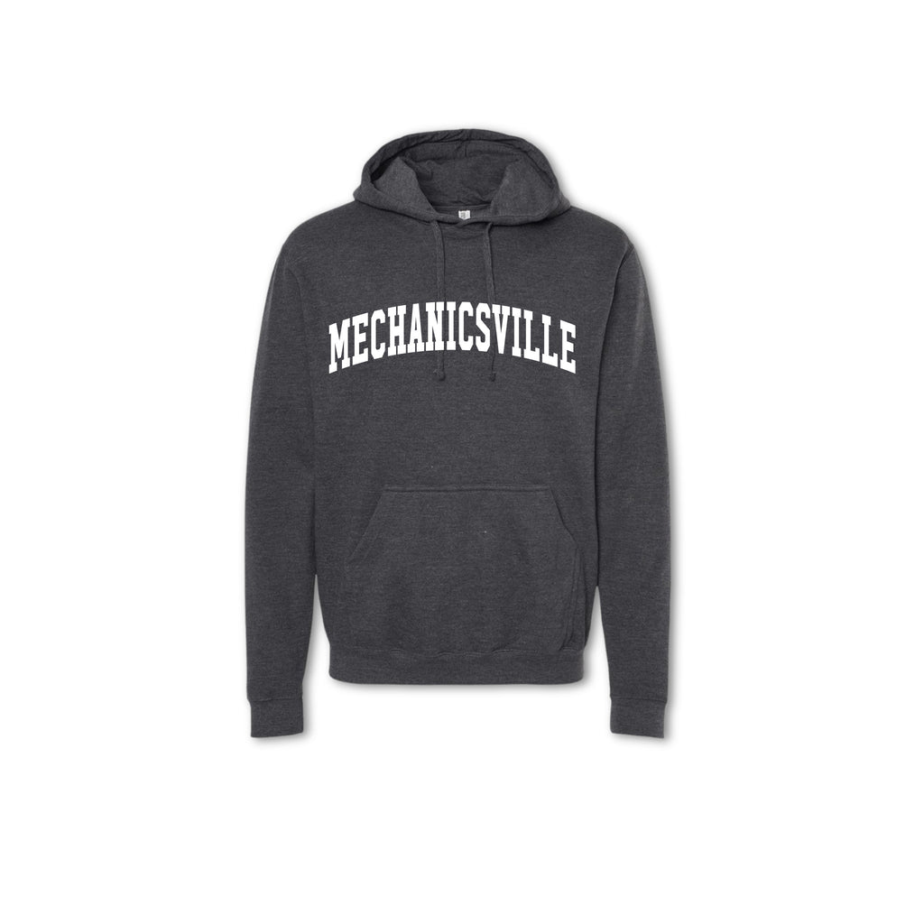 A gray crewneck sweatshirt with 'MECHANICSVILLE' printed in white on the front.