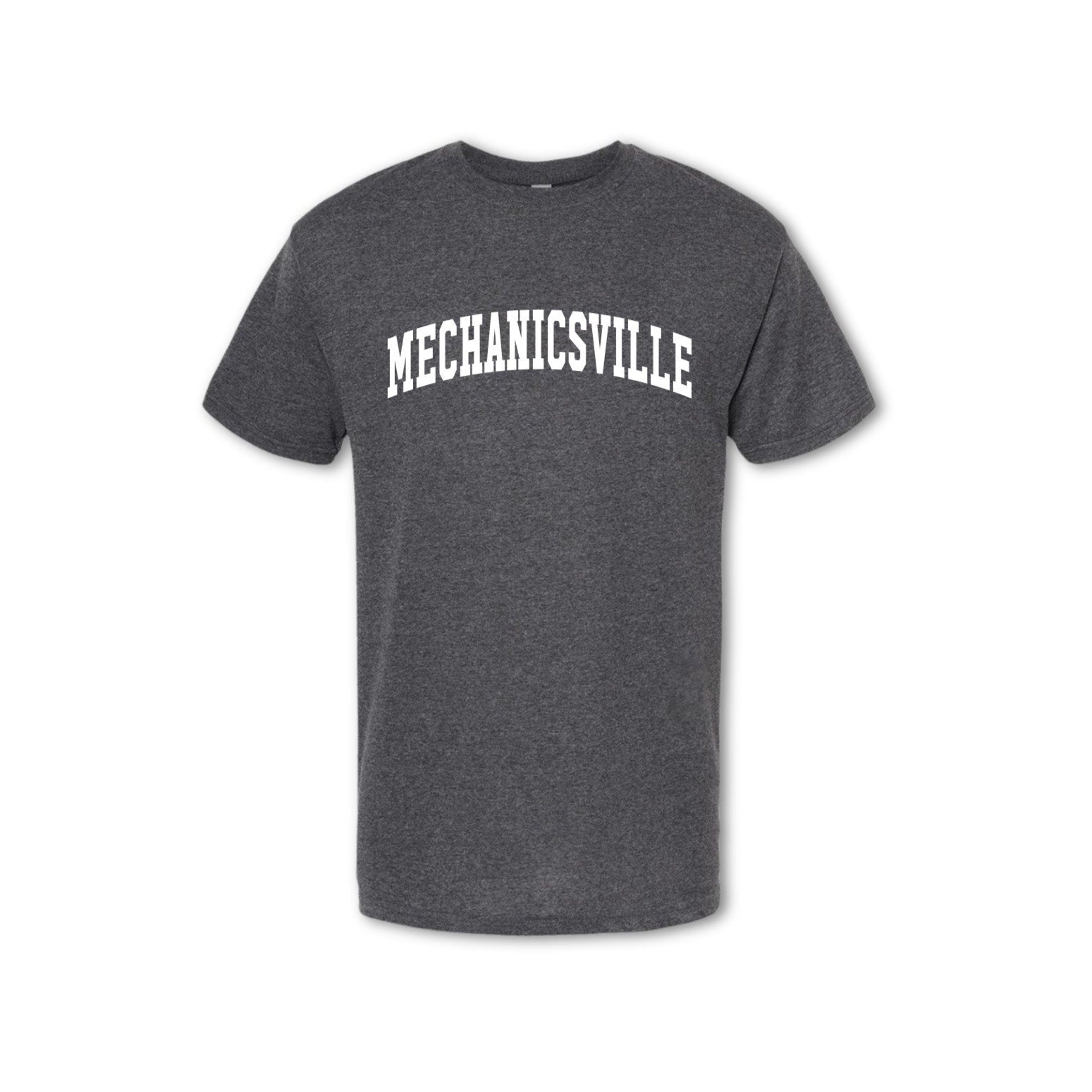 A gray t-shirt with the text 'MECHANICSVILLE' arched across the front in white vinyl.