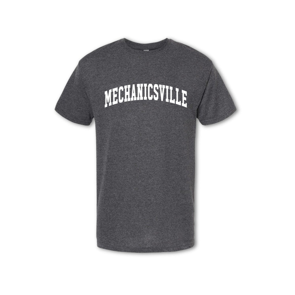 A gray t-shirt with the text 'MECHANICSVILLE' arched across the front in white vinyl.