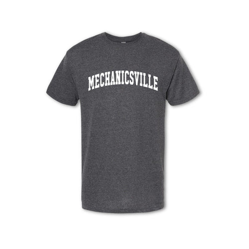 A gray t-shirt with the text 'MECHANICSVILLE' arched across the front in white vinyl.