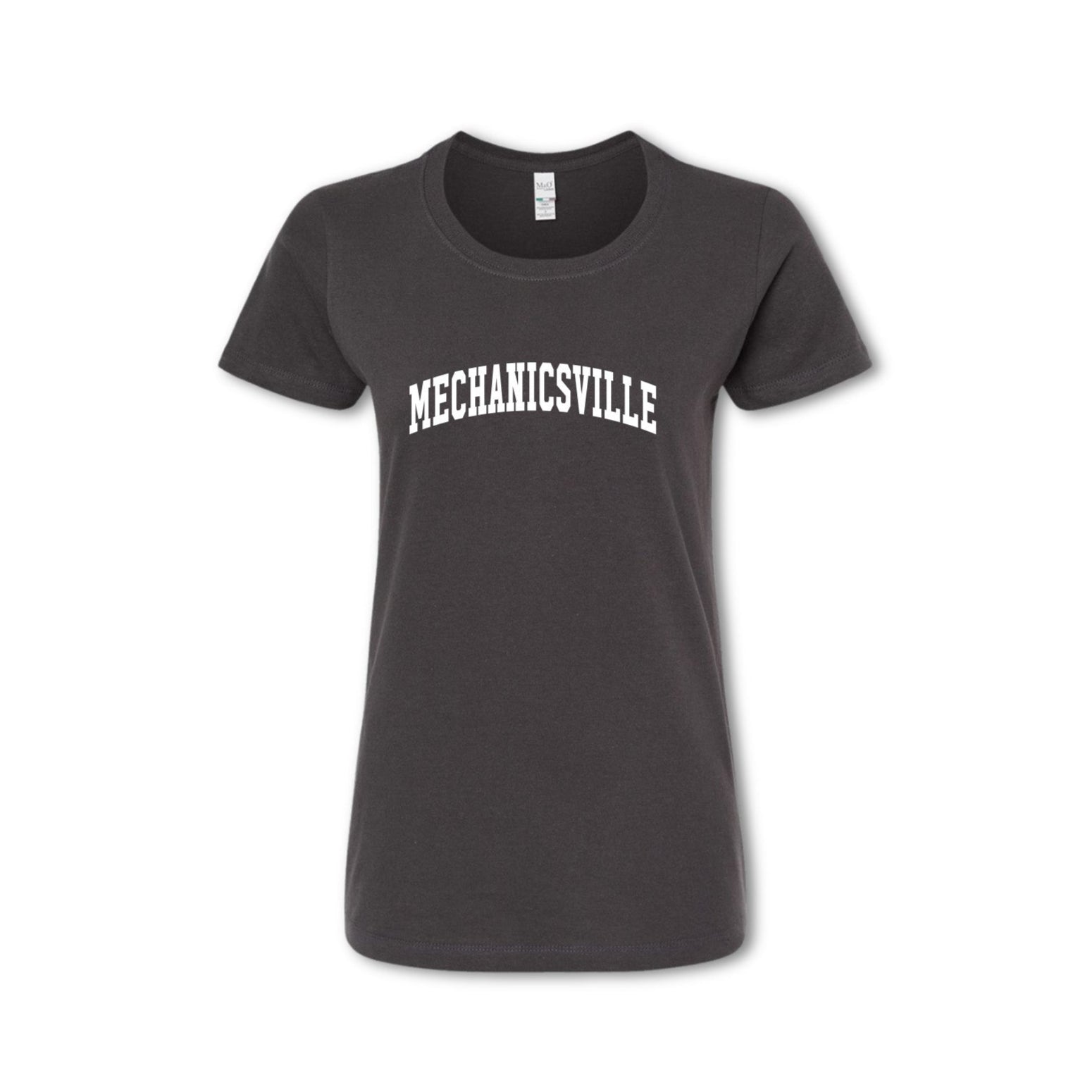 A gray t-shirt with the text 'MECHANICSVILLE' arched across the front in white vinyl.