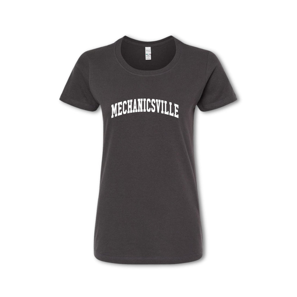 A gray t-shirt with the text 'MECHANICSVILLE' arched across the front in white vinyl.