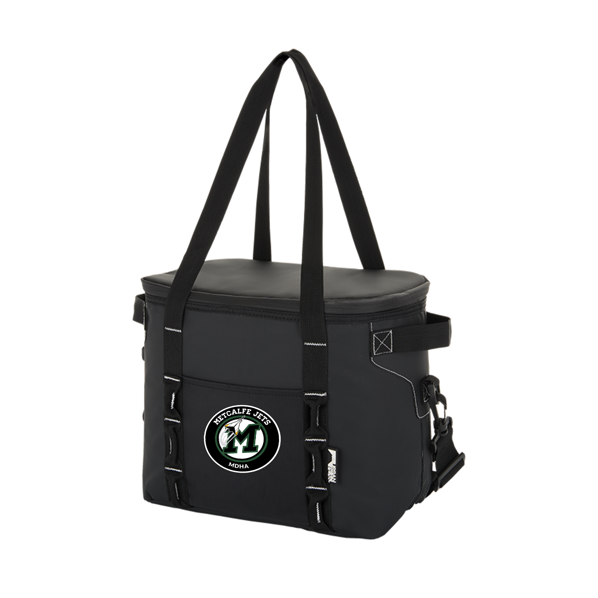 Black cooler bag with a metcalfe logo on a white background