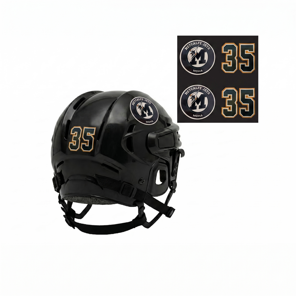 Black helmet with number 35 and metcalfe logo on a white background