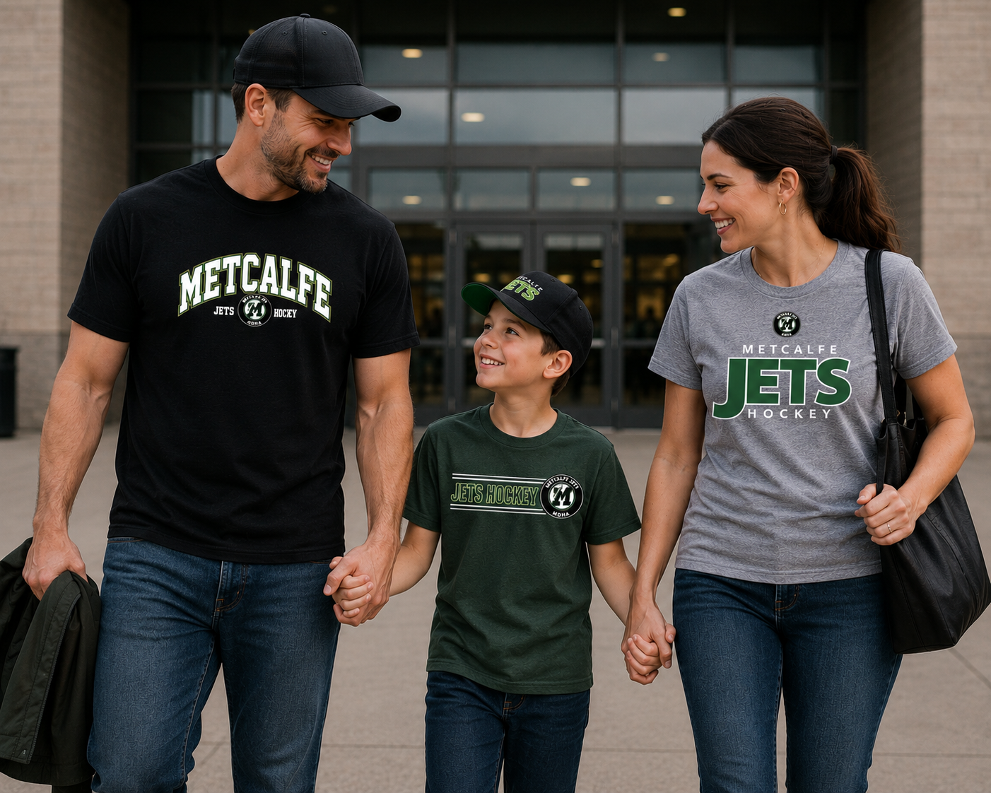 Family of three wearing Metcalfe branded clothing walking together.