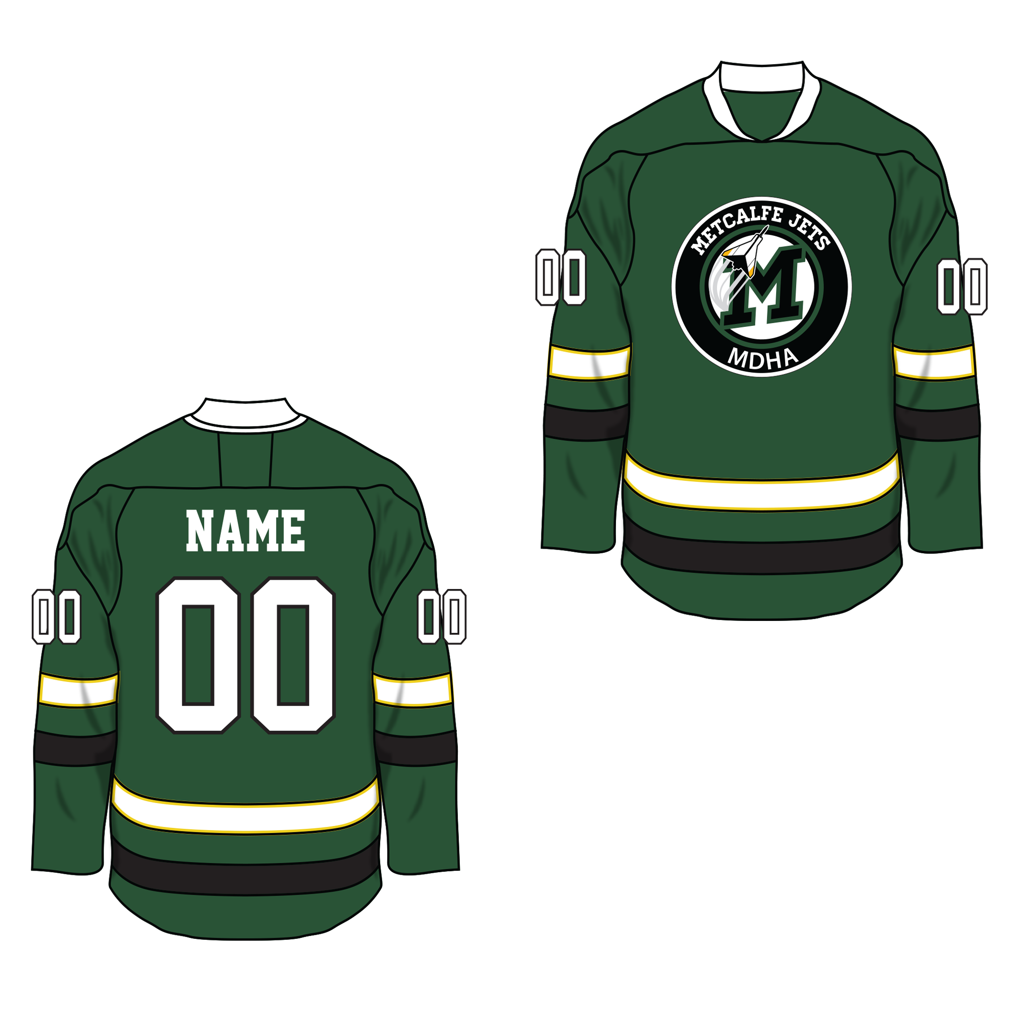 Green hockey jersey with a logo and customizable text on a white background