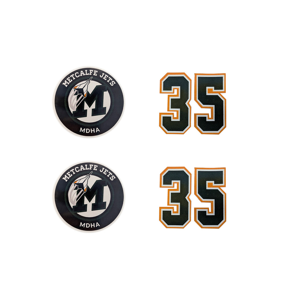 Two helmet stickers for Metcalfe Jets, one with the logo on the top and the other with the number 35 on the bottom.