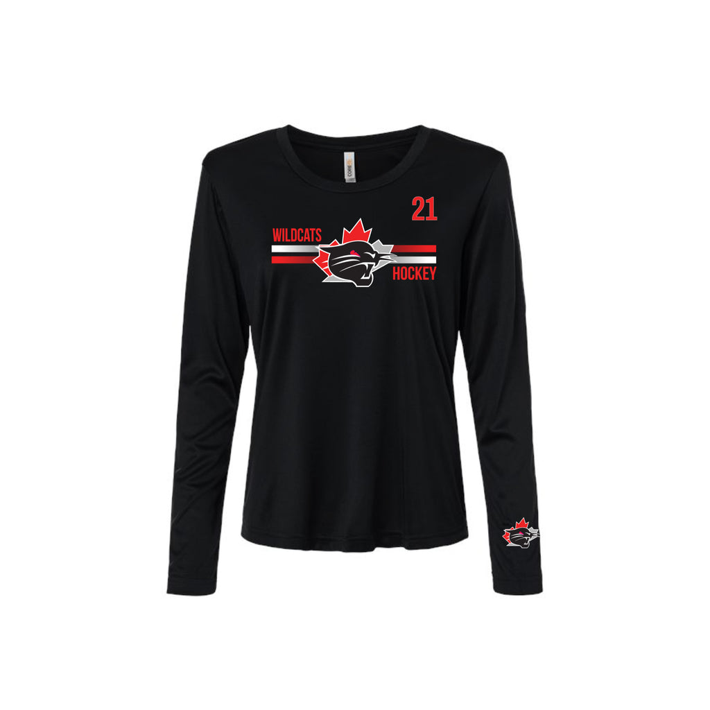 A black long-sleeve athletic shirt with a hockey graphic on the chest featuring a red maple leaf, wildcat mascot, the word 'WILDCATS', 'HOCKEY', and the number '21'. A small red and white logo is printed on the left sleeve.