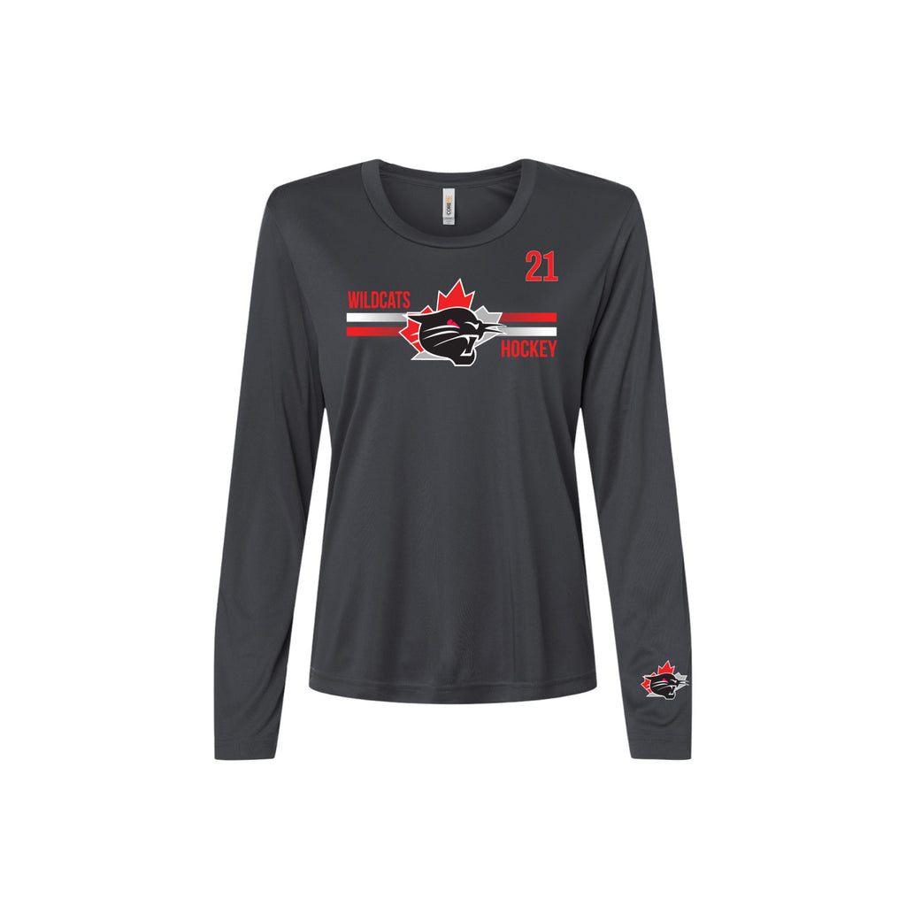 A dark gray long-sleeve t-shirt with a hockey graphic on the chest featuring a red maple leaf, a black wildcat mascot, and the text 'WILDCATS HOCKEY', alongside the number '21'. A smaller matching graphic is printed on the left sleeve.