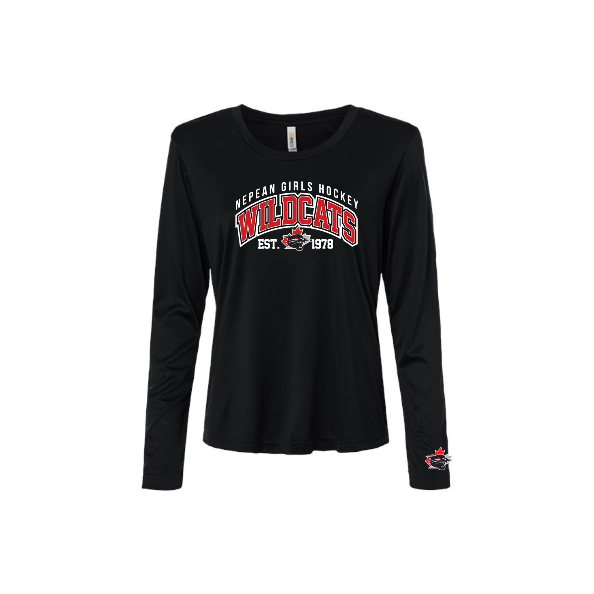 A black long-sleeve t-shirt with a 'Nepean Girls Hockey Wildcats Est. 1978' graphic on the chest, displayed on a clean white background.