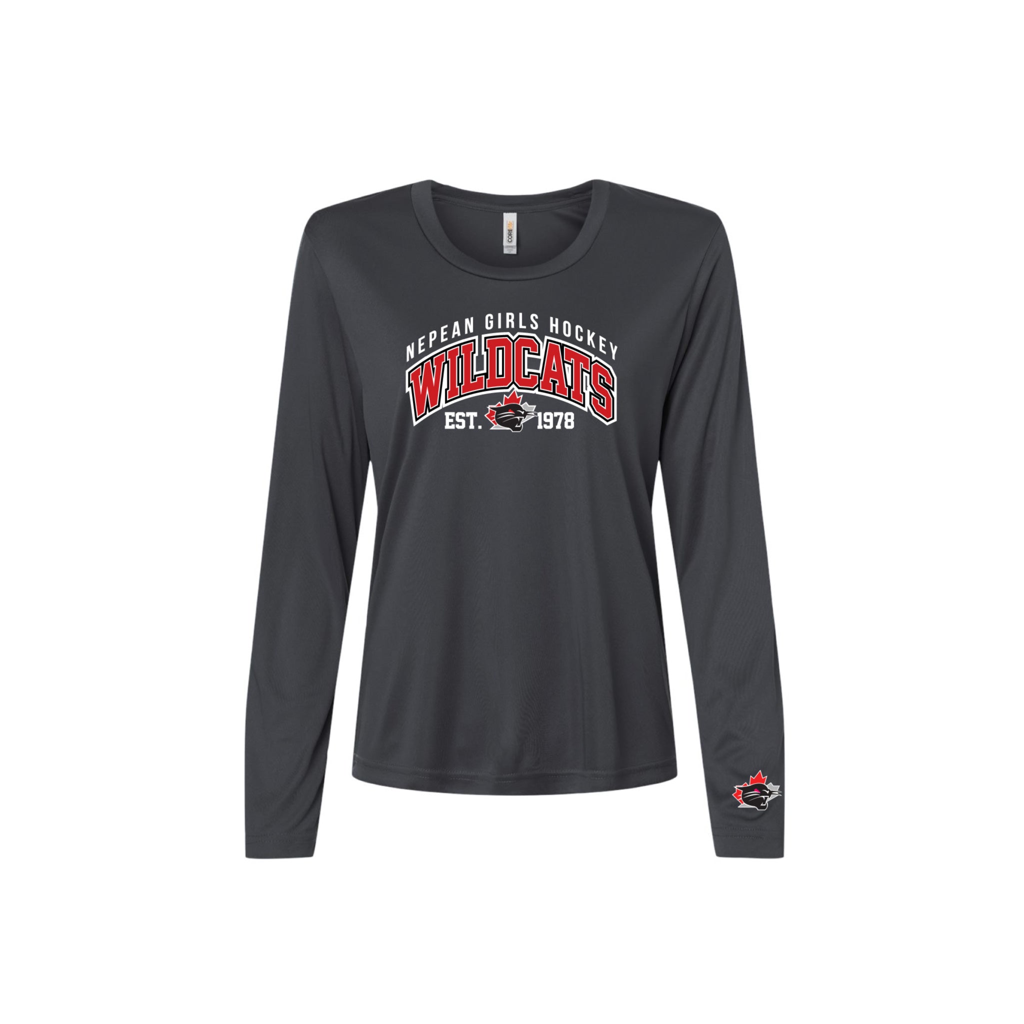 A Dark Grey long-sleeve t-shirt with a 'Nepean Girls Hockey Wildcats Est. 1978' graphic on the chest, displayed on a clean white background.