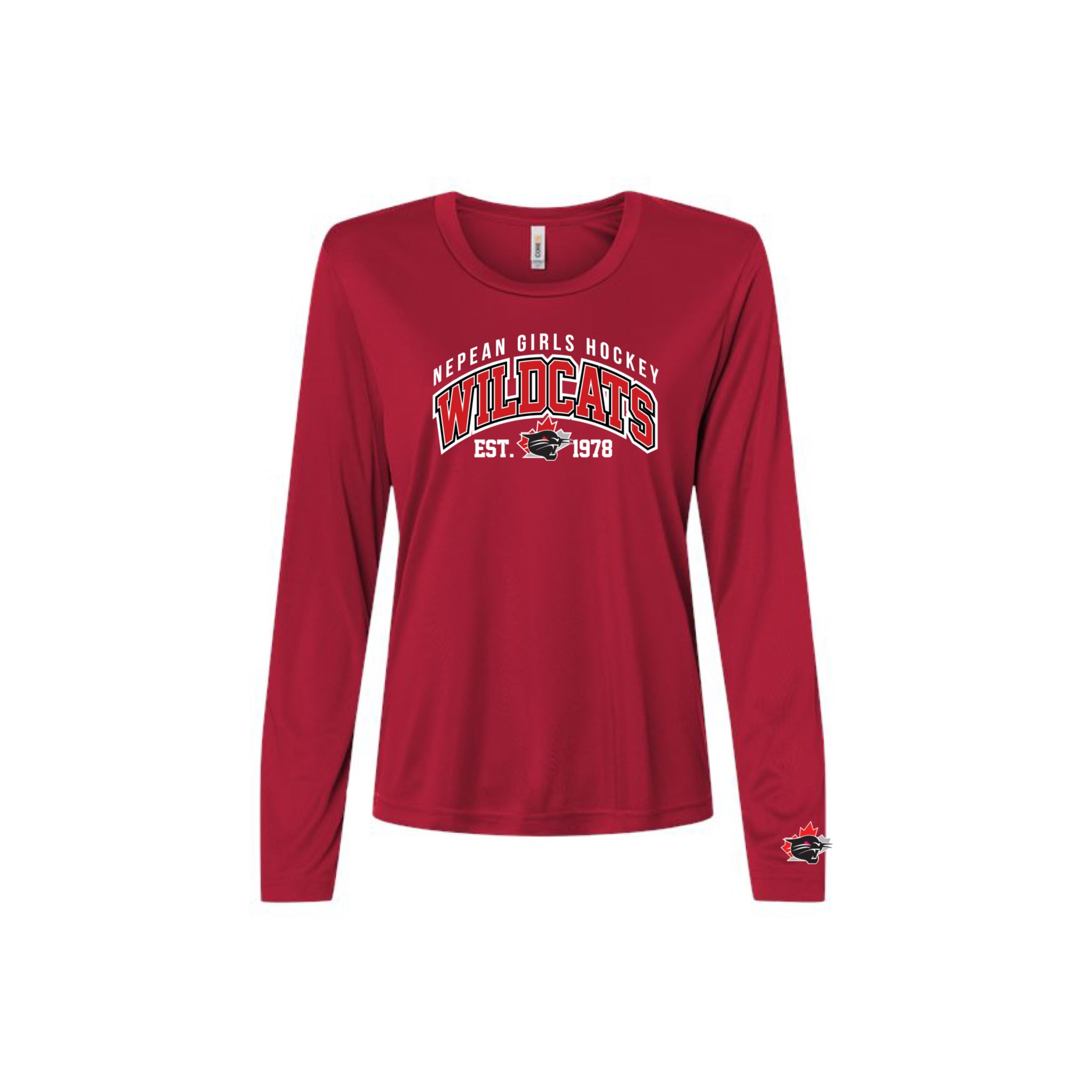 A red long-sleeve t-shirt with a 'Nepean Girls Hockey Wildcats Est. 1978' graphic on the chest, displayed on a clean white background.