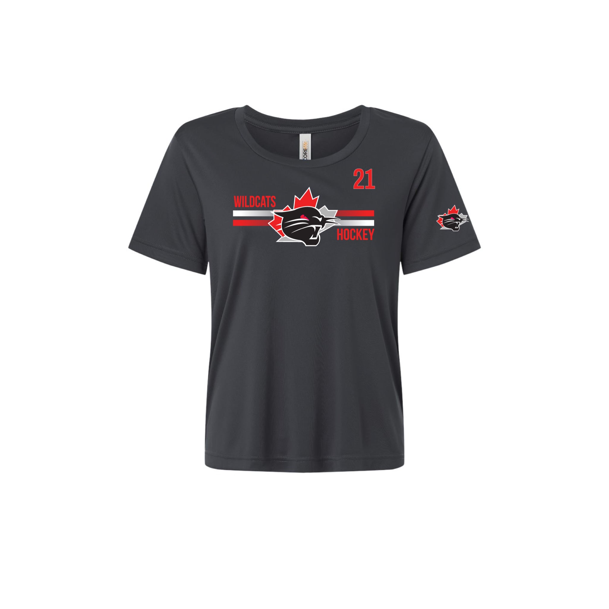 A dark grey short-sleeve t-shirt with a hockey graphic on the chest featuring the Wildcats logo and the text 'Wildcats Hockey' along with the number '21'.