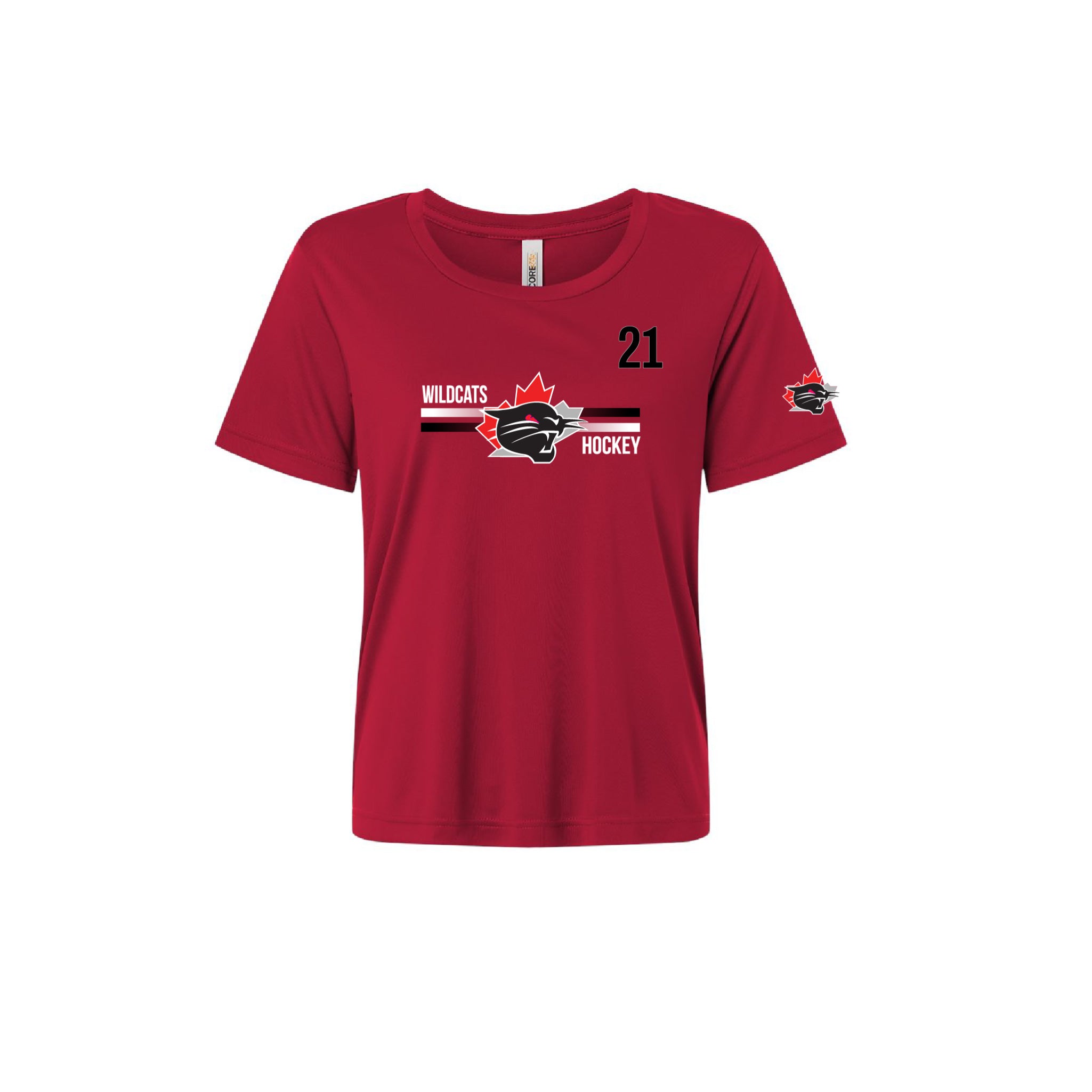 A red short-sleeve t-shirt with a hockey graphic on the chest featuring the Wildcats logo and the text 'Wildcats Hockey' along with the number '21'.