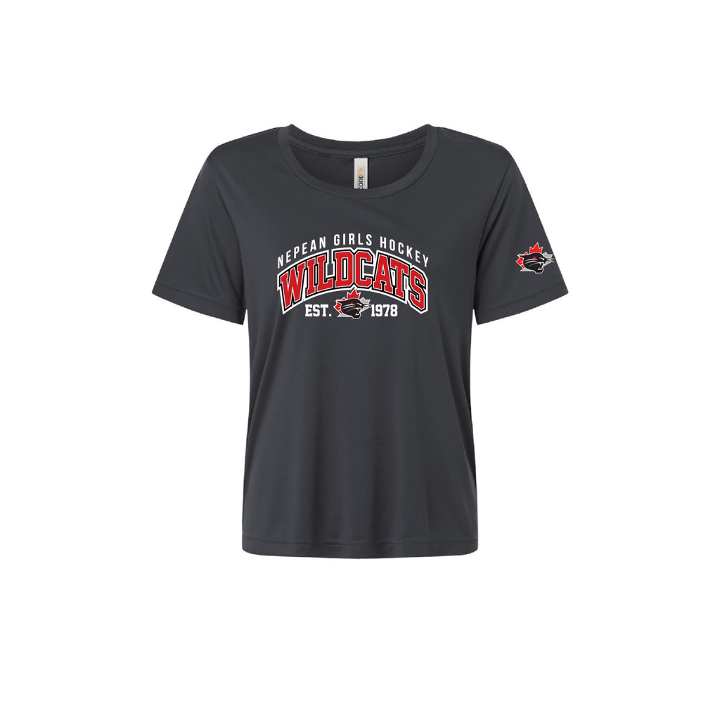A dark charcoal grey short-sleeve t-shirt with a 'Nepean Girls Hockey Wildcats Est. 1978' graphic on the front and a small team logo on the left sleeve, shown against a plain white background.