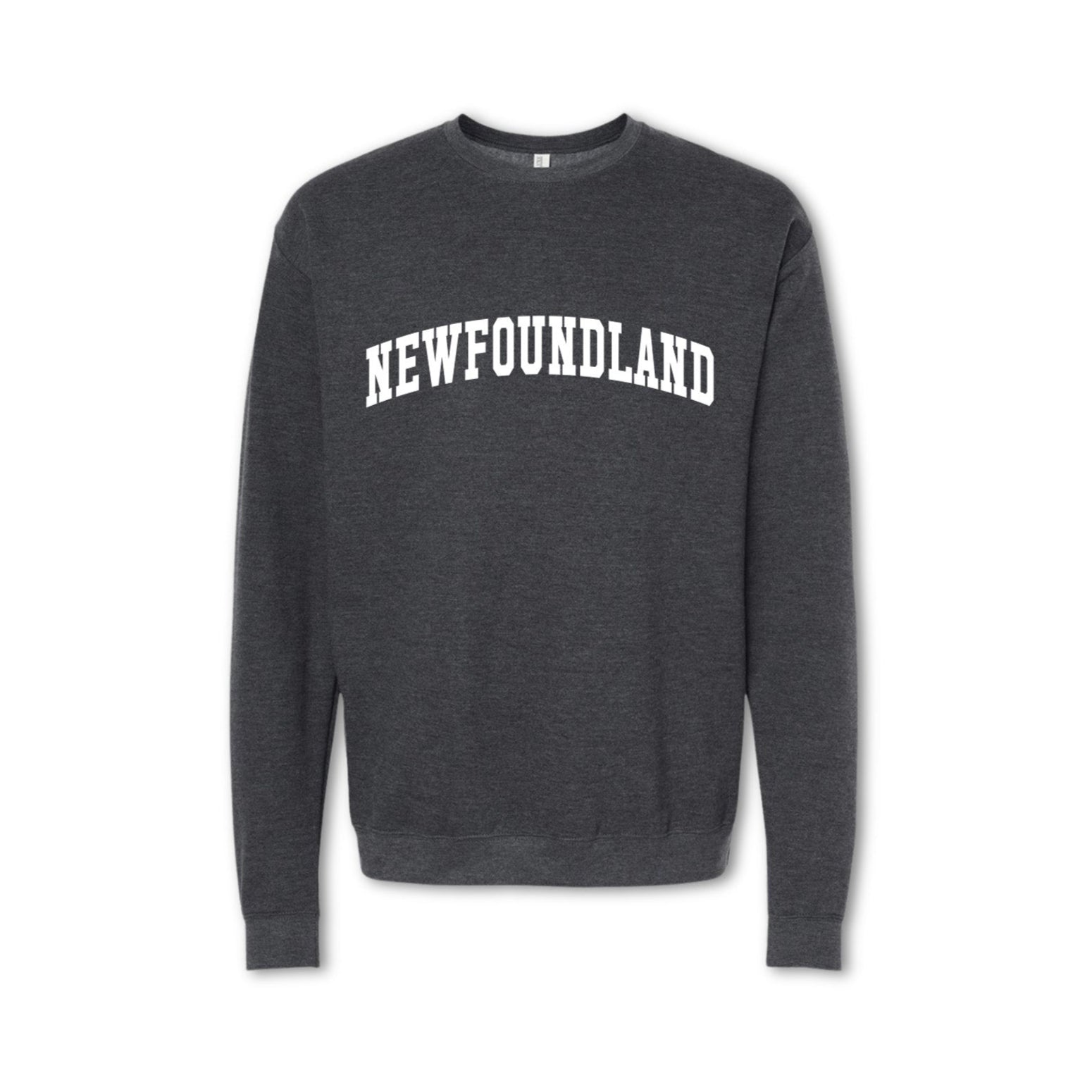 A gray crewneck sweatshirt with the text 'NEWFOUNDLAND' printed in bold letters across the chest.