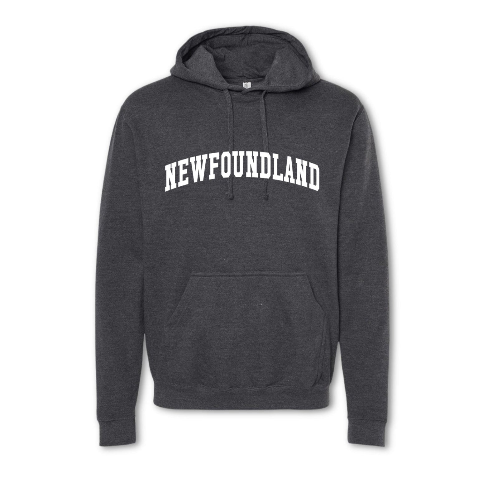 A gray crewneck sweatshirt with the text 'NEWFOUNDLAND' printed in bold letters across the chest.