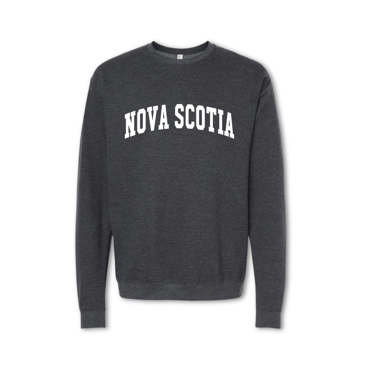 A gray crewneck sweatshirt with 'NOVA SCOTIA' printed in white on the front.