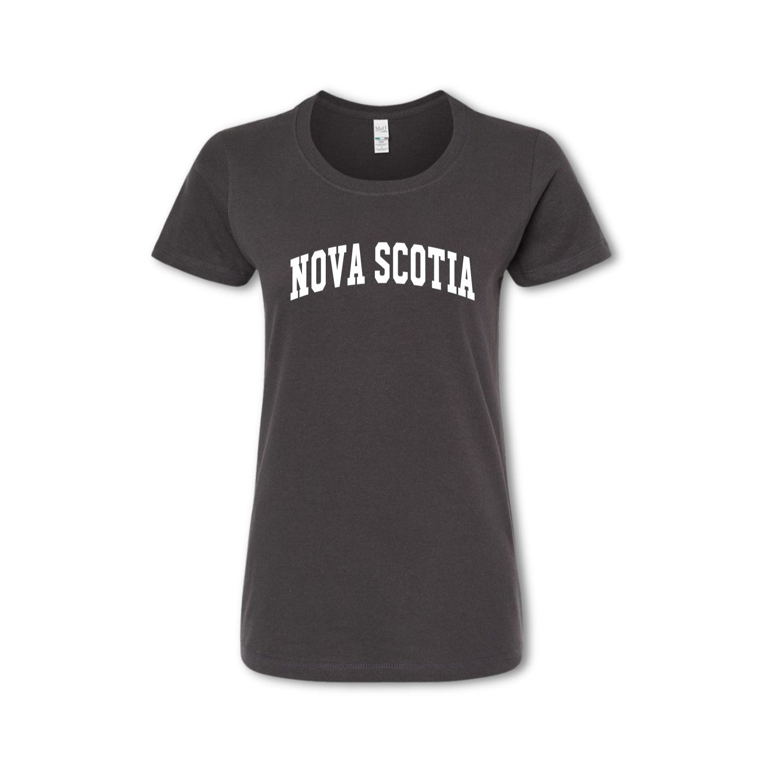 A grey t-shirt with 'NOVA SCOTIA' text arched across the chest in white.