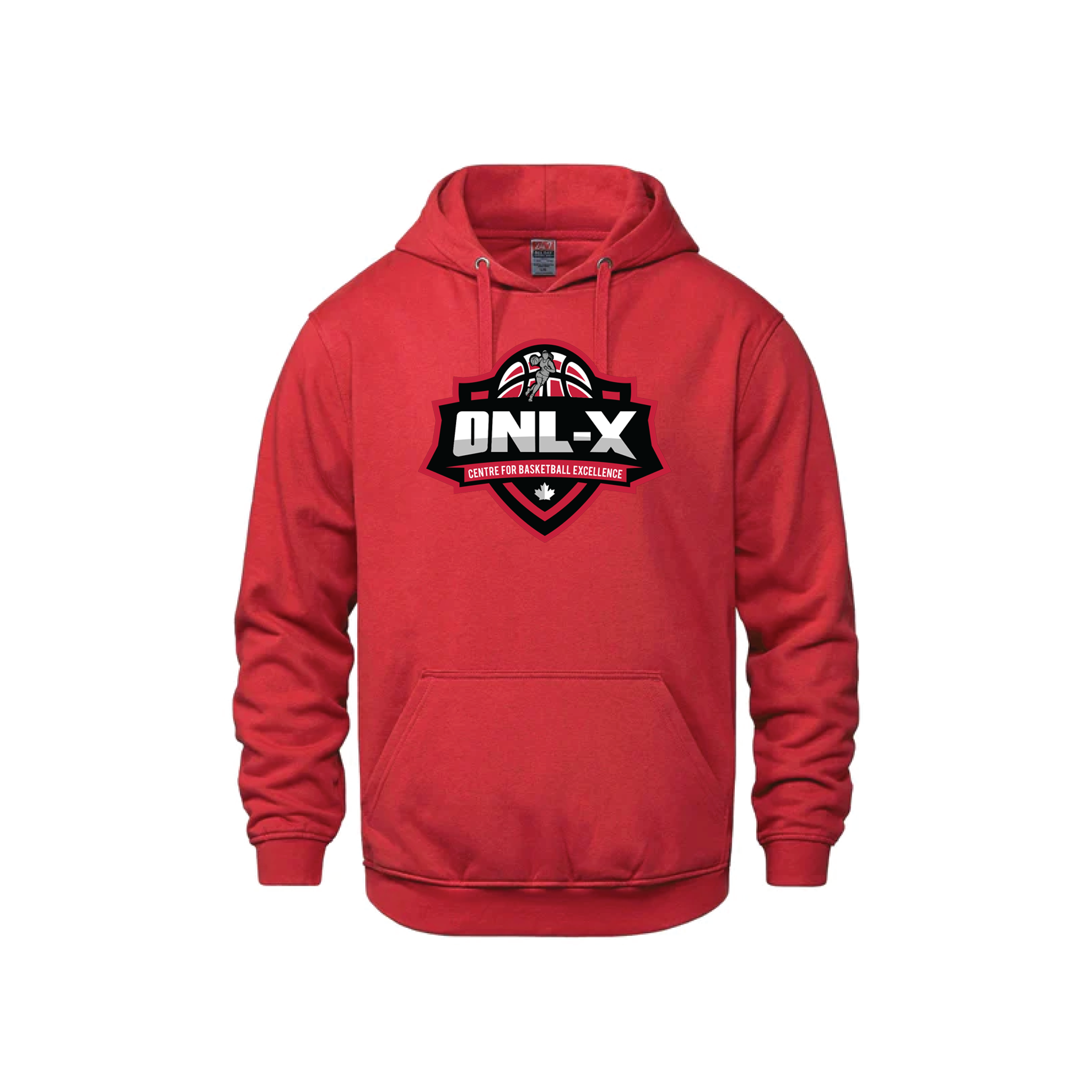 Red hoodie with ONL-X logo on the chest against a white background