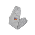 Black sweatpants with a printed logo on the left thigh, featuring an elastic waistband with a drawstring, front pockets, and elastic cuffs.