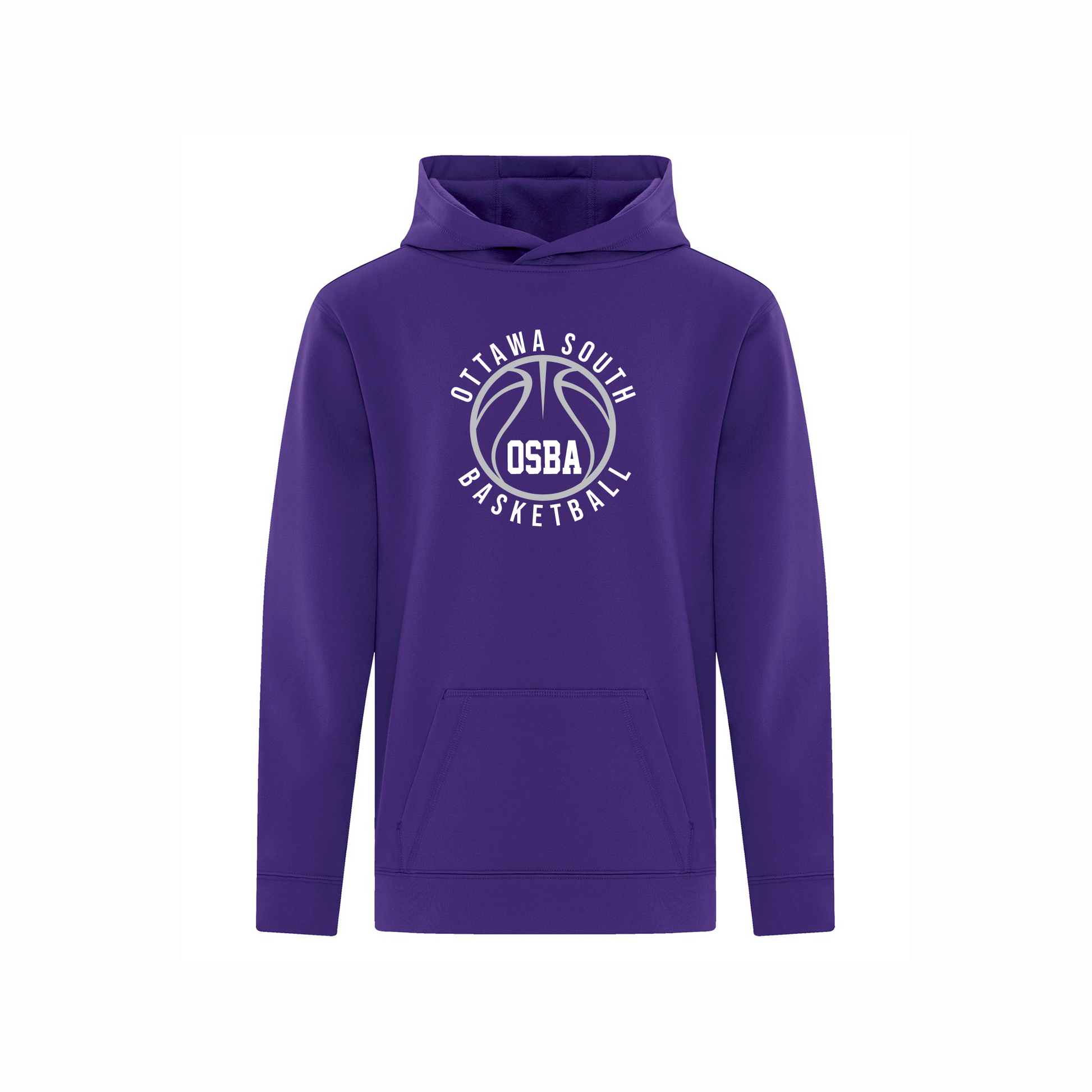Purple hoodie with Ottawa South Basketball Association logo on a white background