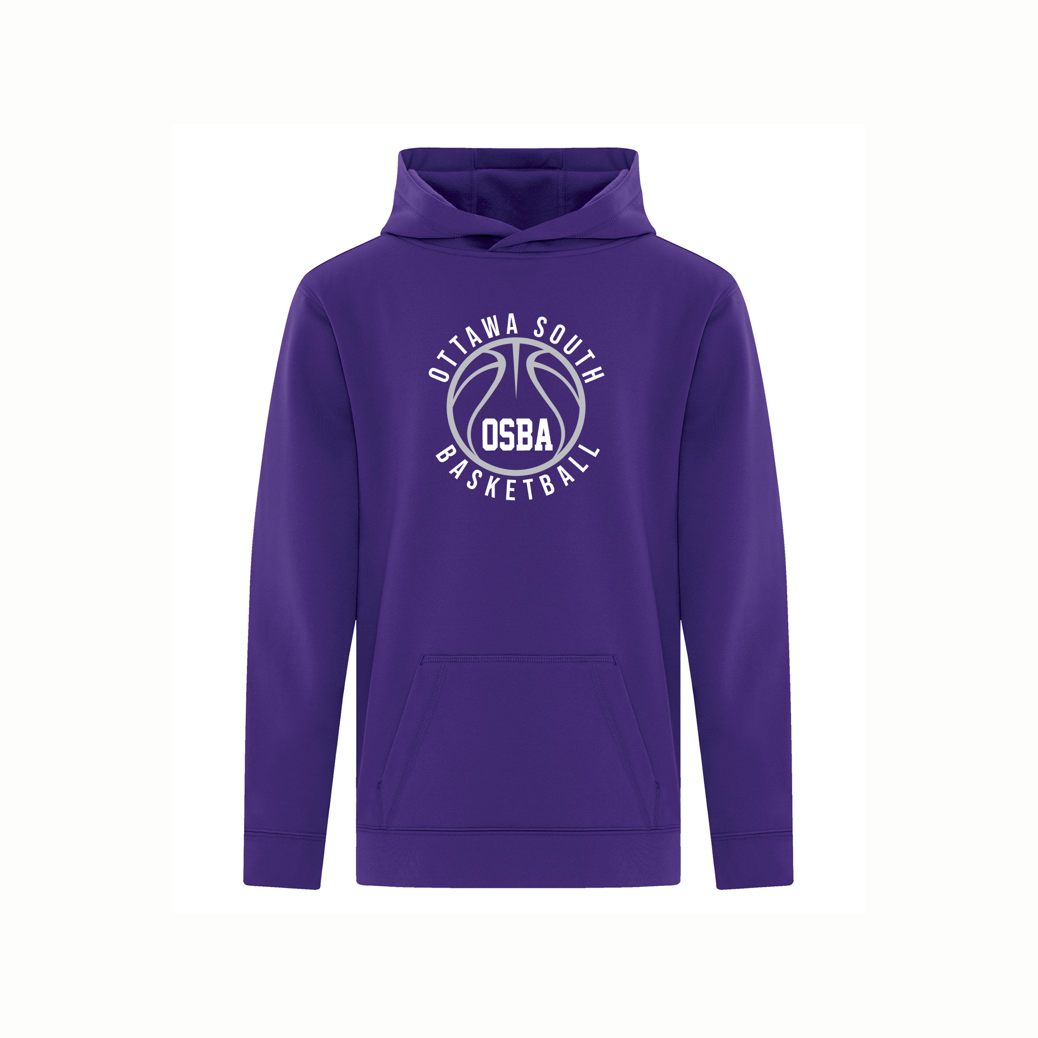Purple hoodie with Ottawa South Basketball Association logo on a white background