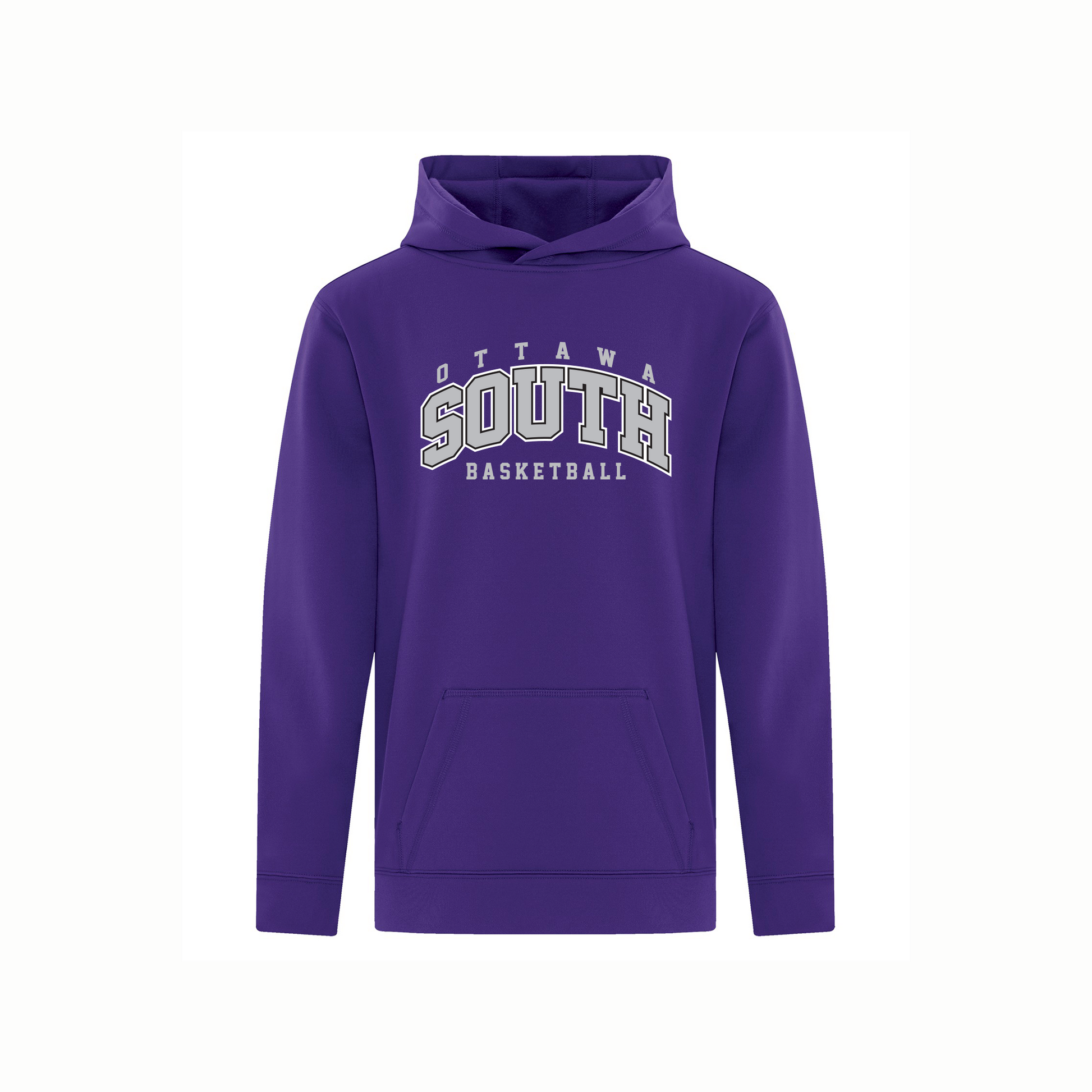 Purple hoodie with 'Ottawa South Basketball' text on a white background