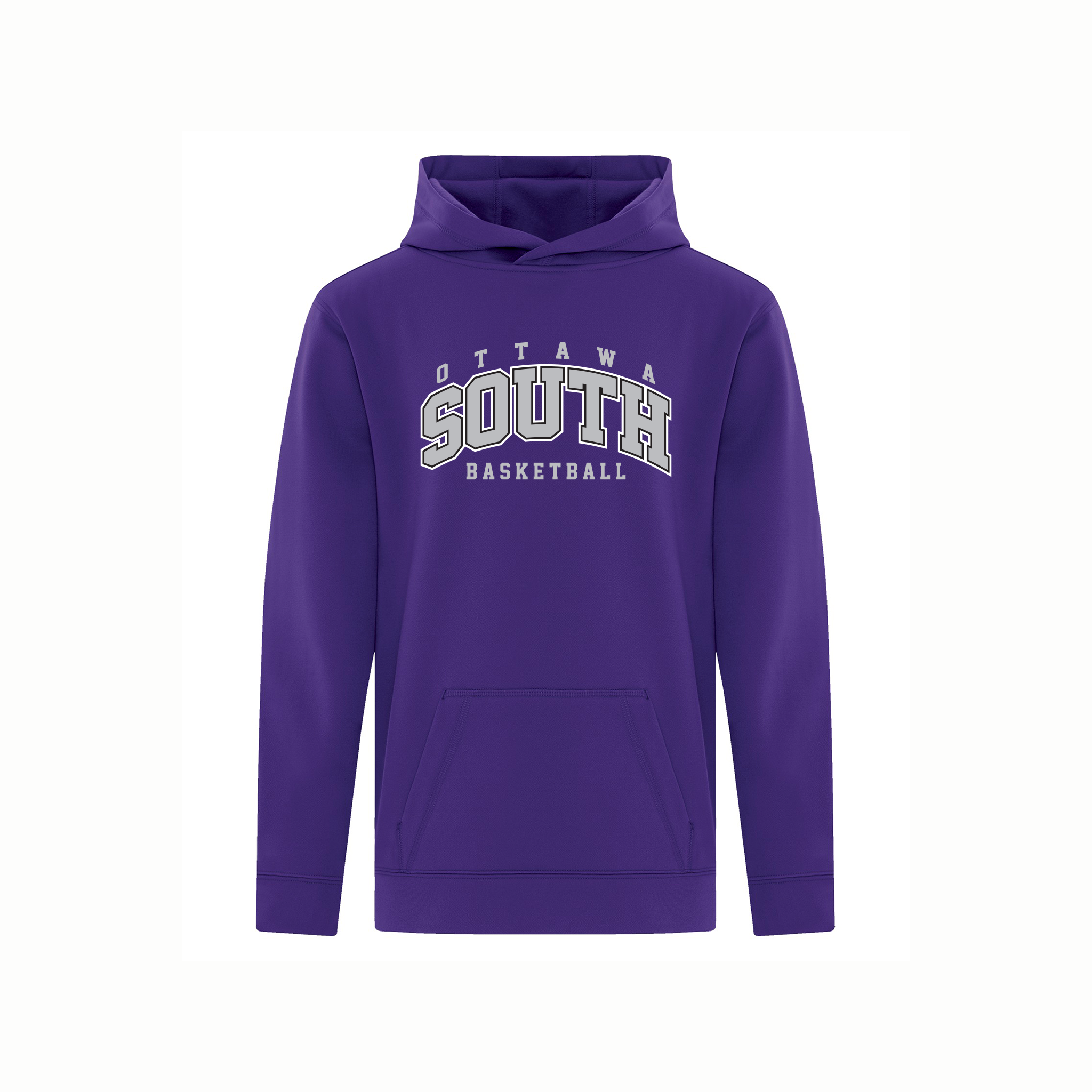 Purple hoodie with 'Ottawa South Basketball' text on a white background