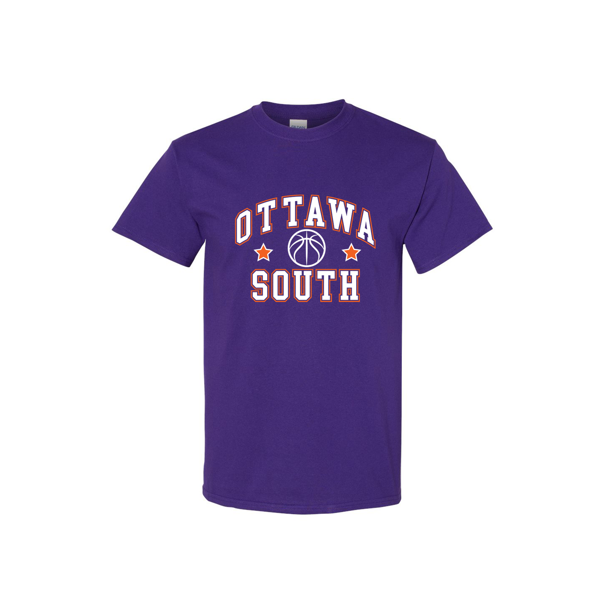 Purple t-shirt with 'Ottawa South' text and basketball graphic on a white background