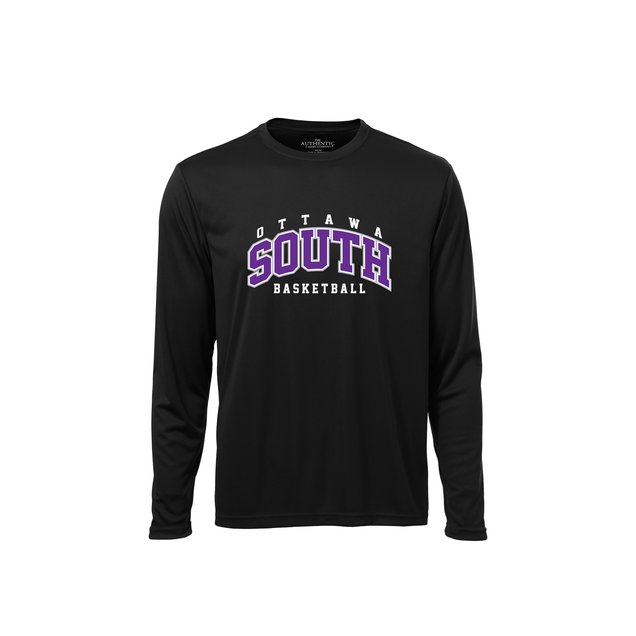 Black long-sleeve shirt with 'Ottawa South Basketball' text on a white background