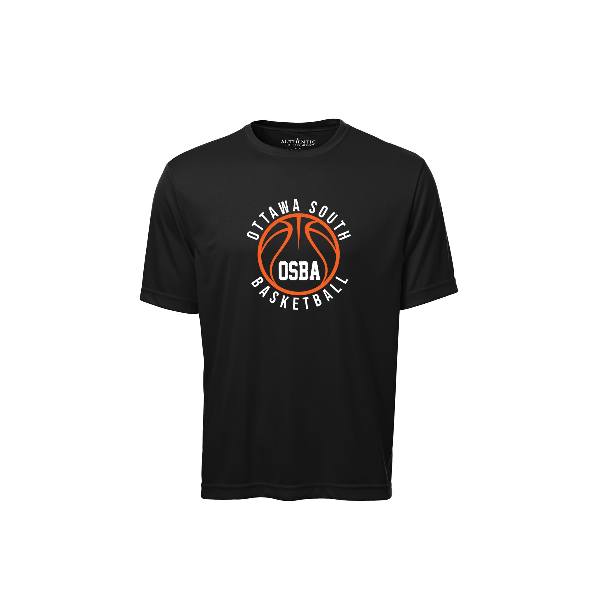 Black t-shirt with Ottawa South Basketball Association logo on a white background