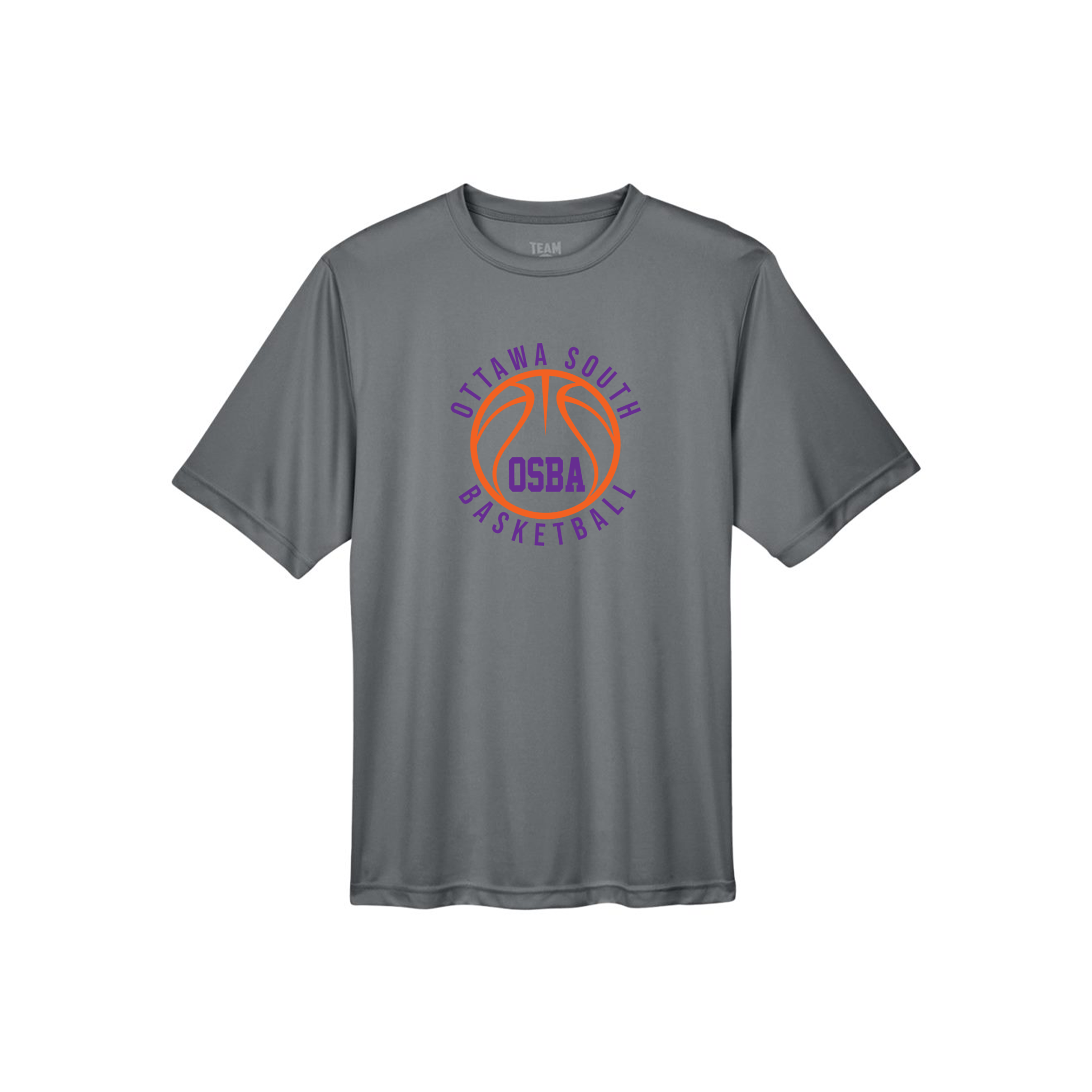 Gray t-shirt with basketball design and text on a white background