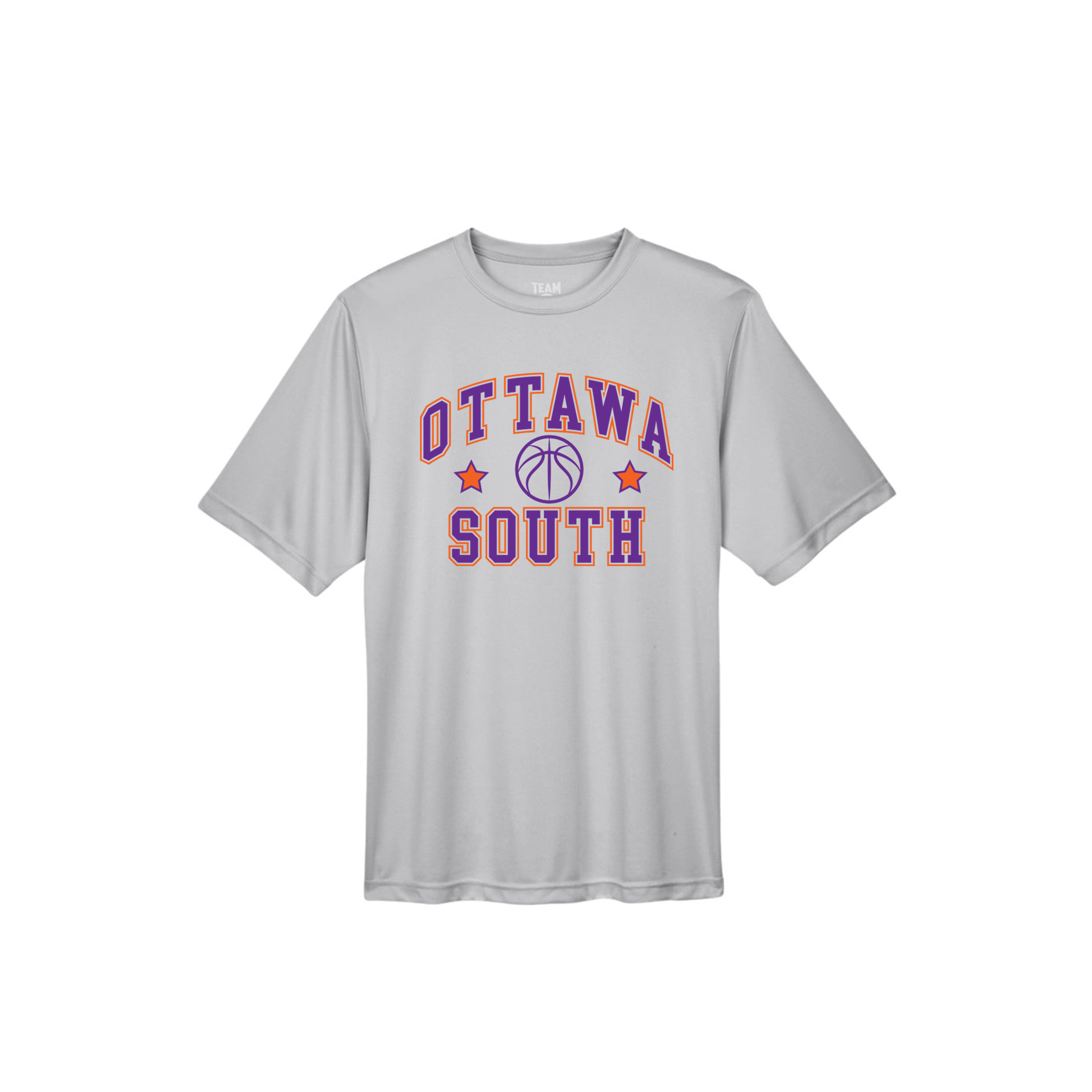 Gray t-shirt with 'Ottawa South' text and basketball graphic on a white background