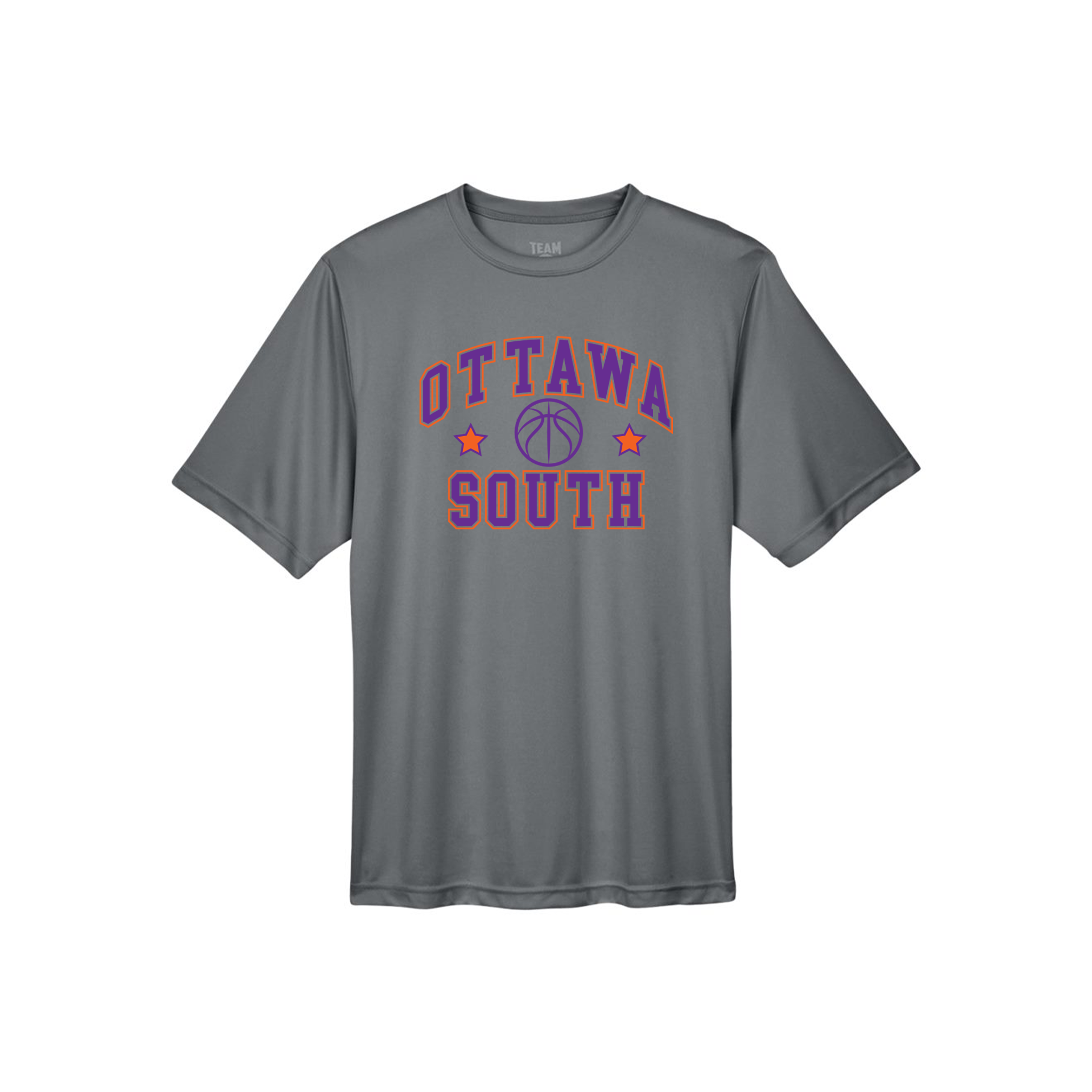 Gray t-shirt with 'Ottawa South' text and basketball graphic on a white background